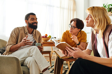 Engaging conversations among young men in a cozy book club gathering at home