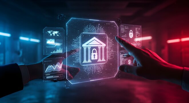 Futuristic secured online banking experience with glowing digital interface - Powered by Adobe