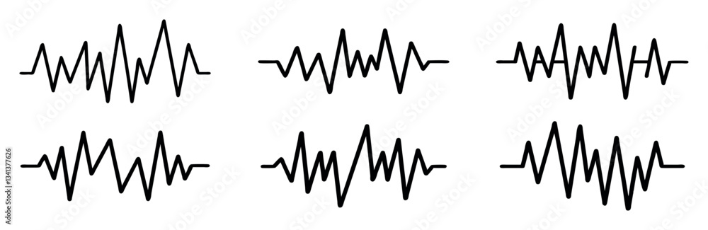 Poster set of line wave icons representing signal, sound, or frequency variations for digital and technolog