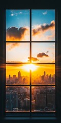 Golden Sunrise over City Skyline A Panoramic View through a Large Window at Daybreak