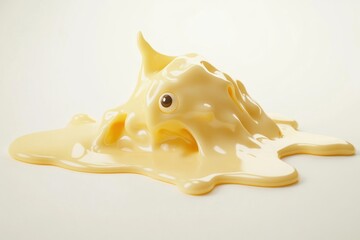 A gooey, yellow blob with one eye melts and spreads across a white surface.
