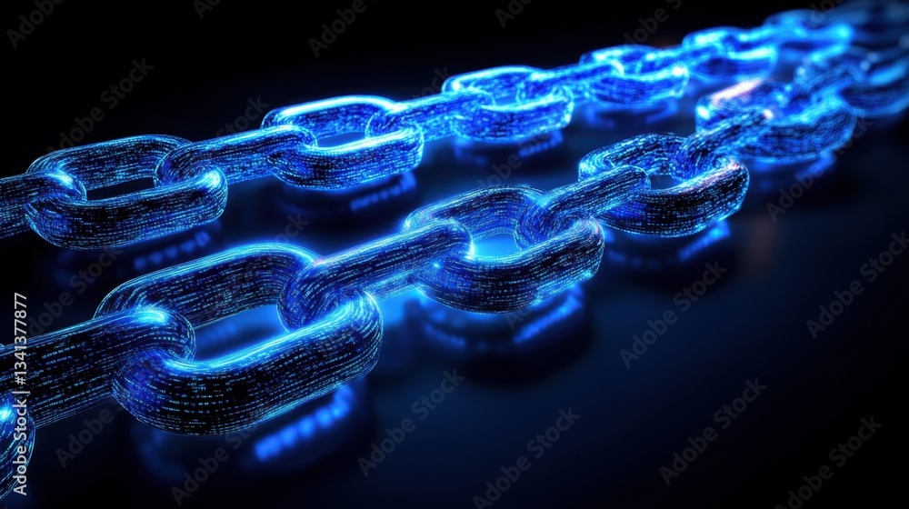 Poster blockchain network visualization with glowing nodes and cryptocurrency symbols.