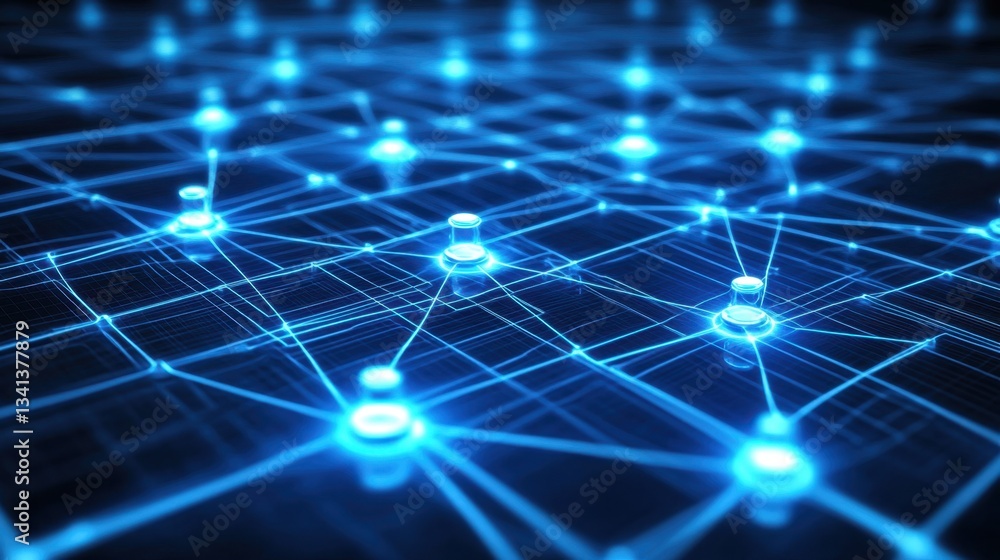 Aufkleber blockchain network visualization with glowing nodes and cryptocurrency symbols.