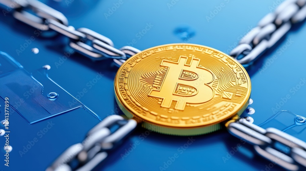 Aufkleber a close-up of a bitcoin coin resting on a blue background with chains, symbolizing cryptocurrency se