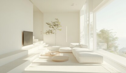 Modern minimalist bright living room featuring a tree near a large window