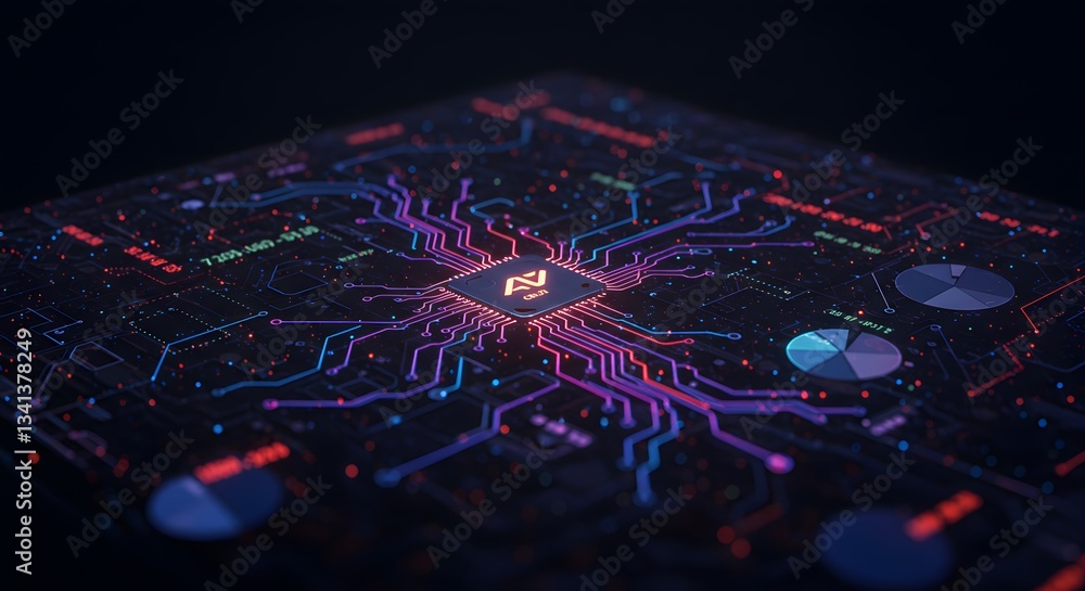 Poster complex glowing circuit board illustration for high technology and data analytics