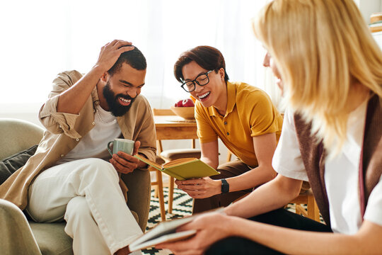 Engaging discussions among young friends at a cozy book club gathering in a modern home