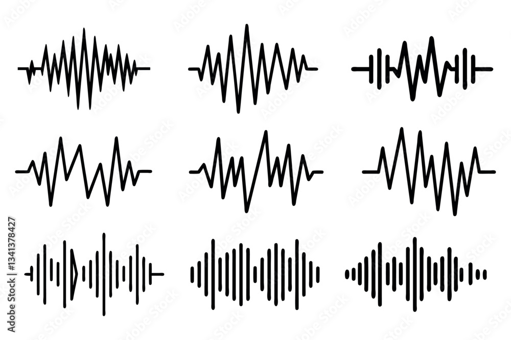 Poster set of abstract sound wave vector designs, multiple waveforms with varied amplitudes and frequencies