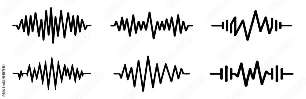 Poster abstract sound wave vector pattern set, multiple wave forms with different amplitudes and frequencie