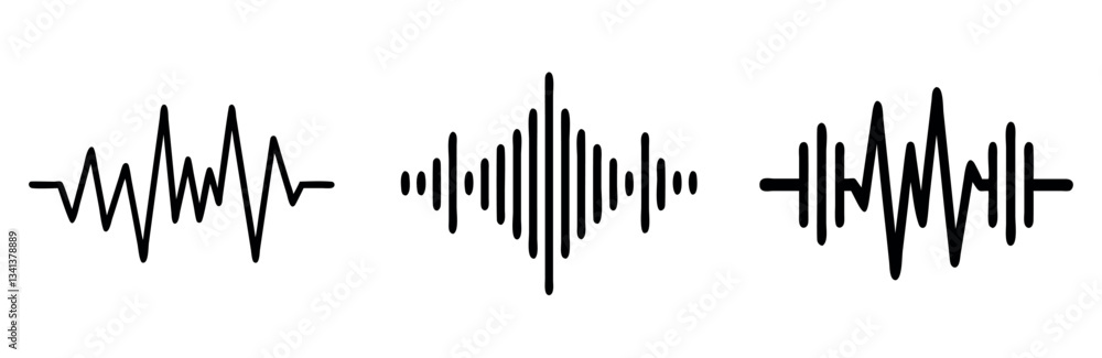 Poster abstract sound wave vector design, sound wave forms with fluctuating amplitude and frequency. modern