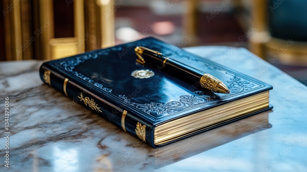 Poster classic hardcover notebook with an elegant embossed design placed on a marble table.