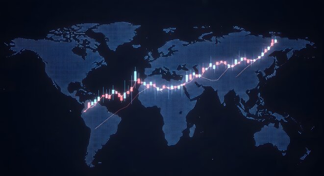 Global financial growth illustration with a chart overlay on a dotted world map