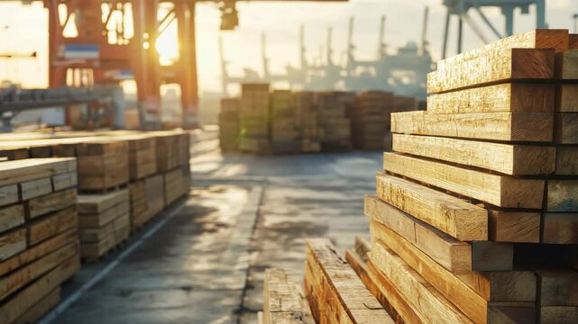A close-up view of neatly stacked wooden planks in a busy shipping yard during sunset. Cranes and shipping containers are visible in the background, highlighting the industrial atmosphere
