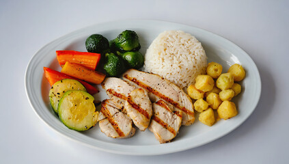 Grilled chicken breast with rice and vegetables