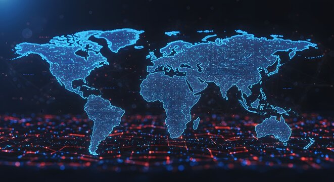 Futuristic World Map with Digital Interface and Data Analytics