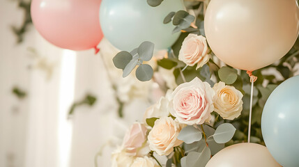 Celebration setup with elegant balloons and fresh roses in a bright event space filled with greenery
