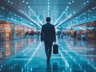 Fototapeta premium Businessman Silhouette in Airport: Professional Travel Adventure & Corporate Mobility in Modern Terminal