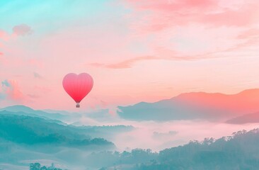 Obraz premium On Valentine's Day, a sporty and recreational travel theme unfolds with a beautiful red air balloon in the shape of a heart, suspended in a bright and sunny morning sky with a soft blue and pink