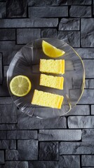Top view of lemon sponge cake in transparent plate on a gray brick wall background, hyper realistic photo with high quality