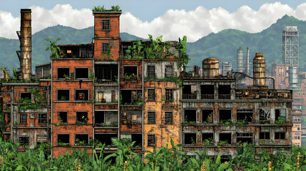Abandoned Pixelated Factory Buildings Overgrown With Plants