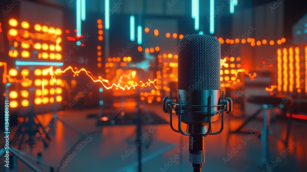 Poster close-up of a stylish xlr microphone with an audio waveform overlay.