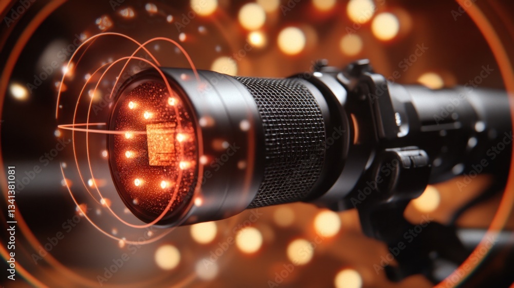 Poster close-up of a stylish xlr microphone with an audio waveform overlay.