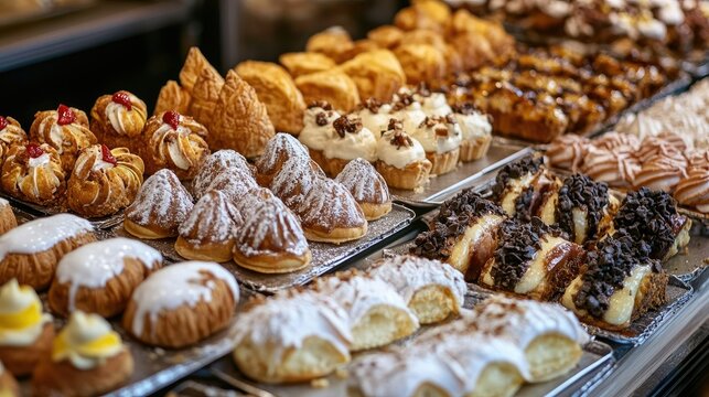A beautiful assortment of Italian pastries such as cannoli, sfogliatella, and pasticcini displayed in an artisan bakery.