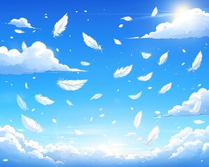 Feathers falling in sunny sky with clouds background