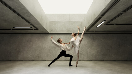 Graceful pair of ballet dancers, man, and woman, dressed black and white attire, dancing in grey urban setting, daylight highlight their moves. Concept of fusion of modernity, classical art, aesthetic © Lustre Art Group 