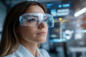An inquisitive woman with augmented reality glasses contemplating digital interfaces, emphasizing the blend of creativity and technology in scientific exploration.
