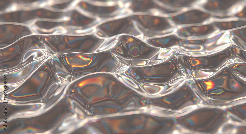 Poster iridescent chrome texture with undulating surface and holographic highlights