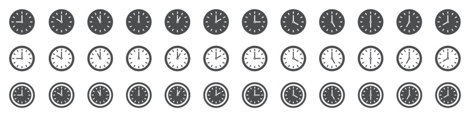 Set of time and clock icons. Analog clock, notifying each hour. Business watch. Speed time icon. Vector.