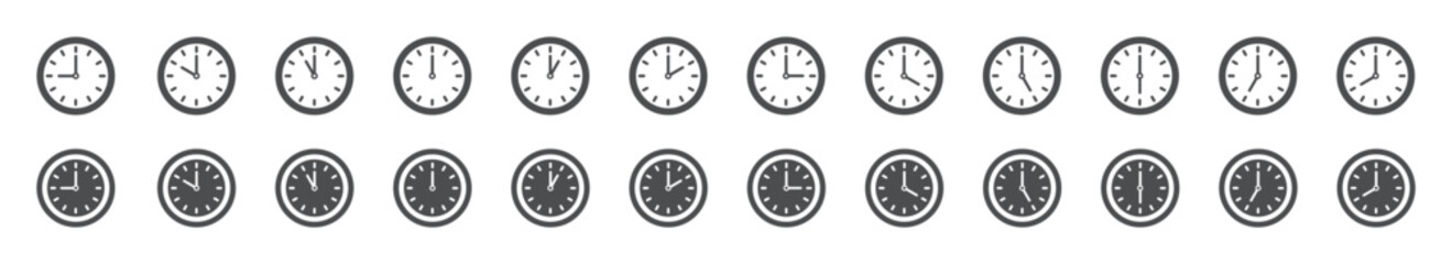 Set of time and clock icons. Analog clock, notifying each hour. Business watch. Speed time icon. Vector.
