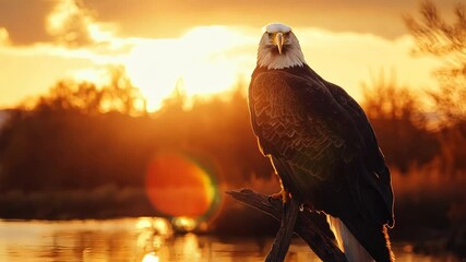 A majestic bald eagle stands proudly on a branch as the sun sets behind the trees, casting warm golden hues over the sparkling water. The tranquility of nature surrounds the scene