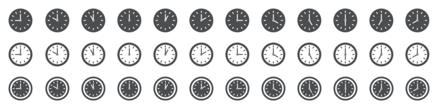 Set of time and clock icons. Analog clock, notifying each hour. Business watch. Speed time icon. Vector.
