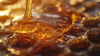 Close-up of golden honey flowing into honeycomb structure with sunlight reflection.