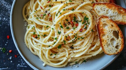A bowl of spaghetti aglio e olio with garlic, olive oil, and chili flakes, served with a side of toasted bread.
