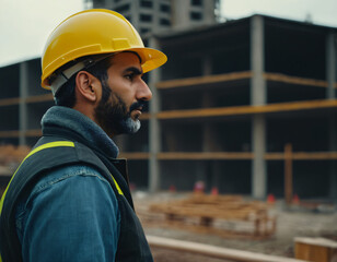 Man wearing a yellow hard hat and a dark vest construction worker, standing on a construction site. Industrial site, with construction materials and equipment around.