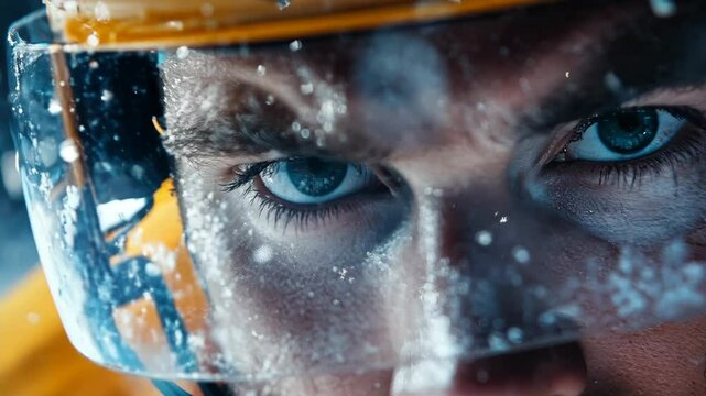 Focus on a hockey player wearing a bright helmet as he prepares for action, showcasing determination and intensity amidst flying snow on the rink during a thrilling match