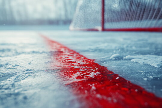 Frozen surface in front of hockey net under arena lights. Ideal for match tension, scoring moments, and winter sports themes.


