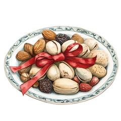 Watercolor Haft sin Nuts and Dried Fruits with red ribbon on a white plate. Traditional Persian New Year Garlic, isolated on a white background. Nowruz vector design set	