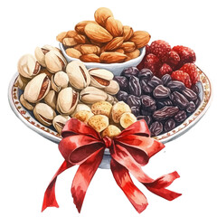 My Watercolor Haft sin Nuts and Dried Fruits with red ribbon on a white plate. Traditional Persian New Year Garlic, isolated on a white background. Nowruz vector design set	