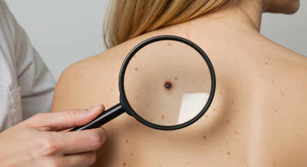 Dermatologist examining mole on woman's back with magnifying glass in clinic. Skin cancer prevention, melanoma awareness, dermatology concept. Ideal for healthcare, medical, and skincare topics