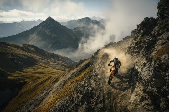 High in the mountains, a thrilling enduro journey is undertaken with a dirt bike