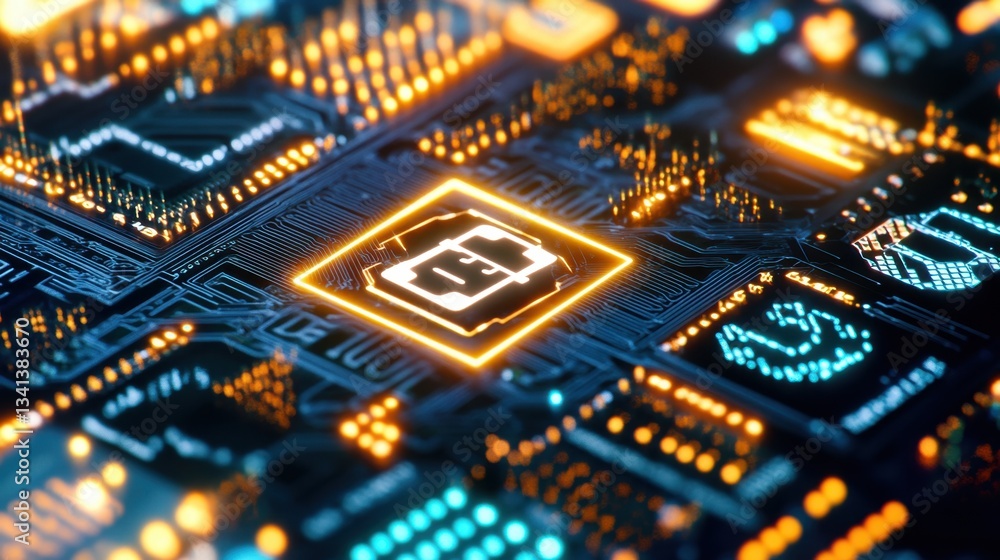 Poster cybersecurity concept with a blockchain digital lock and cryptocurrency symbols.
