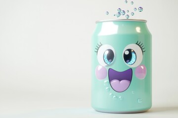 Obraz premium A cheerful, teal soda can with a cartoon face and bubbles escaping.