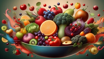 bowl brimming with a cascade of fresh fruits and vegetables