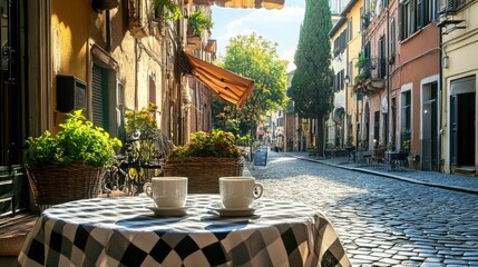 A charming outdoor Italian caf with checkered tablecloths, espresso cups, and a view of a cobblestone street.
