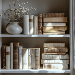 Bibliothèque aux livres anciens avec une douce lumière