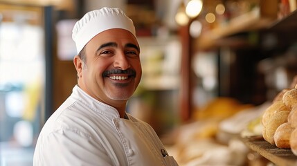 Smiling chef in uniform exudes warmth and professionalism, embodying culinary passion and expertise